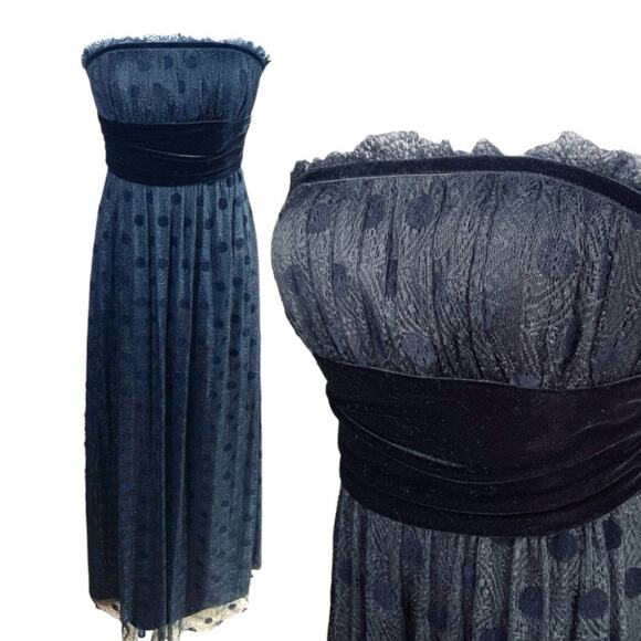 Kay Unger NY Size 6 Lace Velvet Polka Strapless Maxi Dress Black Party Cocktail - Picture 1 of 12
